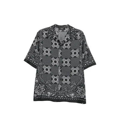 Amiri Silk Bowling Shirt With Cuban Collar And All-over Geometric Print In Gray