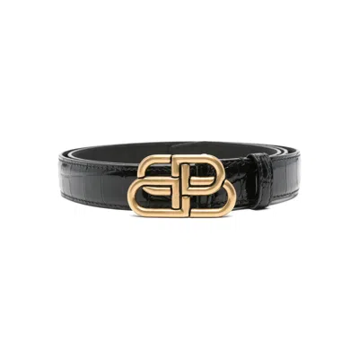Balenciaga Bb Embossed Thin Belt In Black