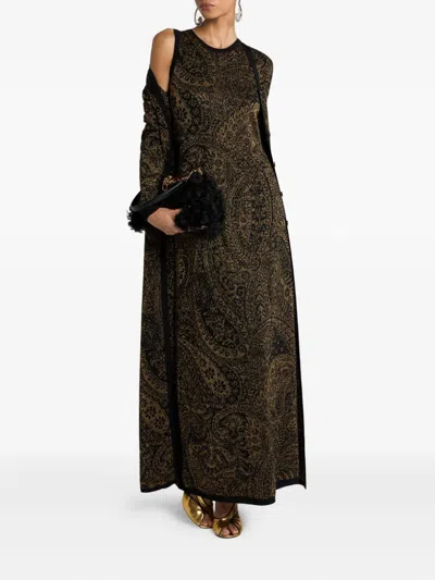 Etro Long Dress In Wool-blend Jacquard With Metallic Paisley Motif In Black