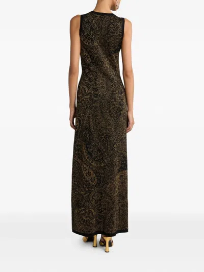 Etro Long Dress In Wool-blend Jacquard With Metallic Paisley Motif In Black