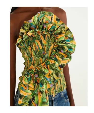 Farm Rio Parrot Pattern Ruffled Strapless Top In Multi