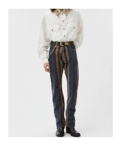Versace Denim Jeans Striped Pattern Belt Loops In Blue