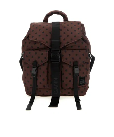 Ganni Brown Re-tech Printed Nylon Backpack In Brown