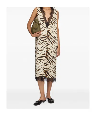 Ganni Zebra Motif Midi Dress V Neckline Sleeveless In Neutral