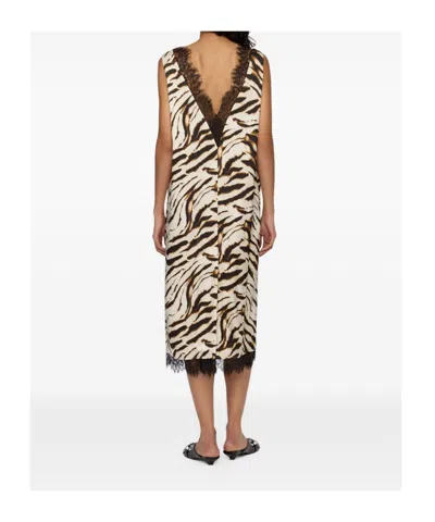 Ganni Zebra Motif Midi Dress V Neckline Sleeveless In Neutral