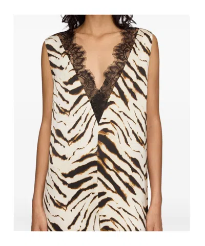 Ganni Zebra Motif Midi Dress V Neckline Sleeveless In Neutral