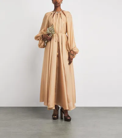 Zimmermann Silk Mini Dress With Billow Sleeves And Adjustable Chain In Gold