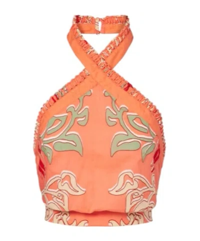 Poupette St Barth Suma Printed Cotton Crop Top In Orange