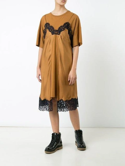 Shop Maison Margiela Lace Slip Layered T-shirt Dress - Brown