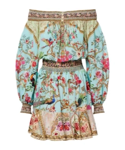 Camilla Sultans And Quees Silk Off-the-shoulder Mini Dress In Multi