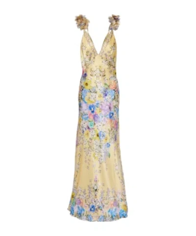 Camilla Embellished Floral Ruffled Silk Satin Maxi Dress In Yellow