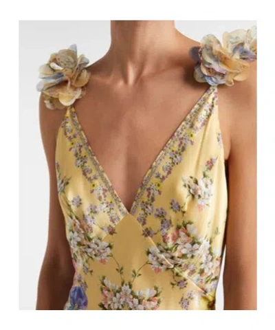 Camilla Embellished Floral Ruffled Silk Satin Maxi Dress In Yellow