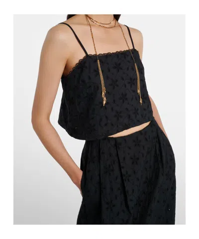Posse Salma Embroidered Cropped Cotton Top In Black
