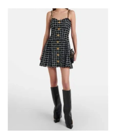 Balmain Buttoned Check Tweed Chain-strap Mini Dress In Black