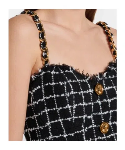 Balmain Buttoned Check Tweed Chain-strap Mini Dress In Black