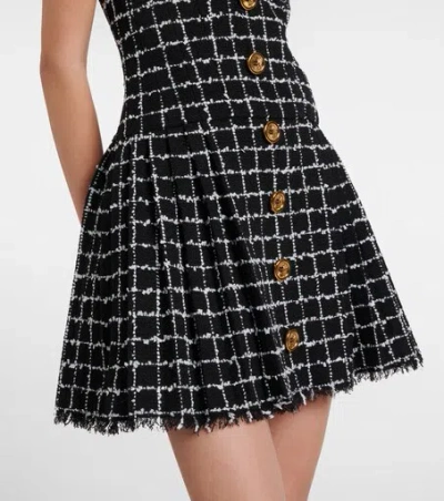 Balmain Buttoned Check Tweed Chain-strap Mini Dress In Black