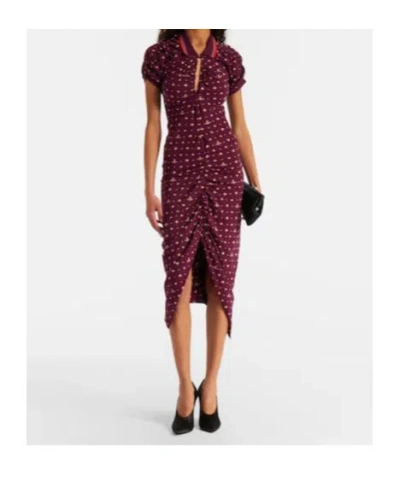 Vivienne Westwood Floral Ruched Dress Asymmetric Hem Short Sleeves In Burgundy