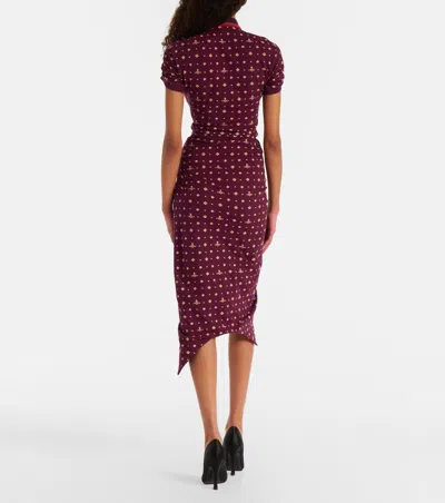 Vivienne Westwood Floral Ruched Dress Asymmetric Hem Short Sleeves In Burgundy