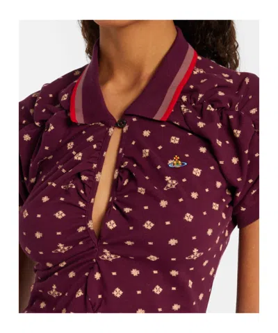 Vivienne Westwood Floral Ruched Dress Asymmetric Hem Short Sleeves In Burgundy
