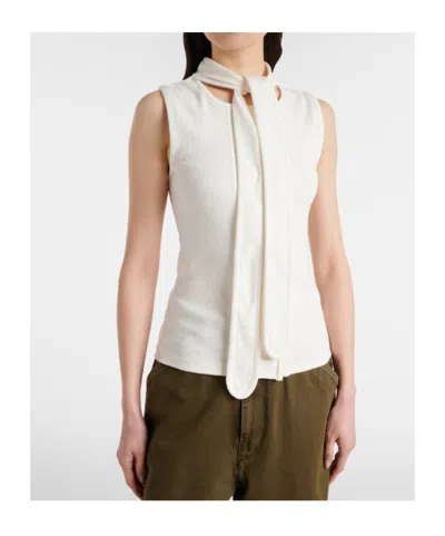 Lemaire Tie-neck Ribbed Stretch-cotton And Linen-blend Jersey Top In White