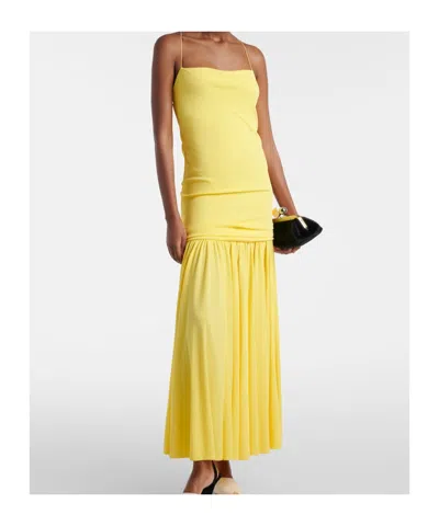 Jacquemus Yellow Dress With Straight Neckline And Gathered Waist In Tech Fabric Woman
