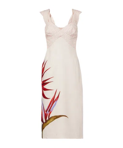 Farm Rio Sand-colored Linen Midi Dress With Strelitzia Pattern In Brown