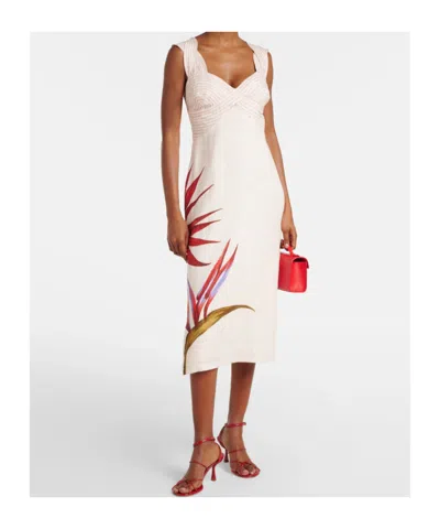 Farm Rio Sand-colored Linen Midi Dress With Strelitzia Pattern In Brown