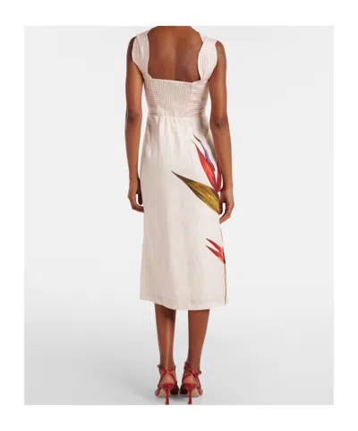 Farm Rio Sand-colored Linen Midi Dress With Strelitzia Pattern In Brown