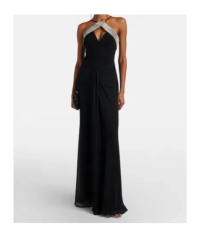 Rebecca Vallance Astros Draped Crystal-trim Halter Gown In Black