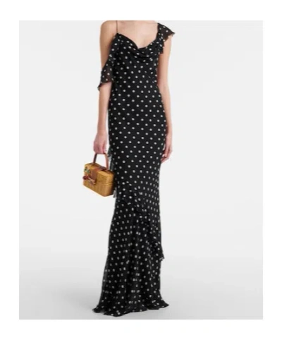 Self-portrait Long Dress Black Polka Dot With V-neck In Black Georgette For Women