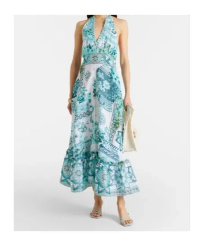 Camilla Embellished Ruffled Halterneck Linen Midi Dress In Blue