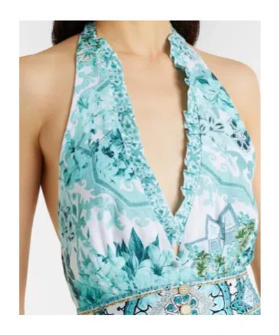 Camilla Embellished Ruffled Halterneck Linen Midi Dress In Blue