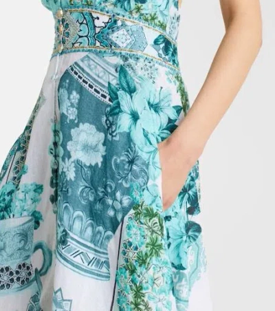 Camilla Embellished Ruffled Halterneck Linen Midi Dress In Blue