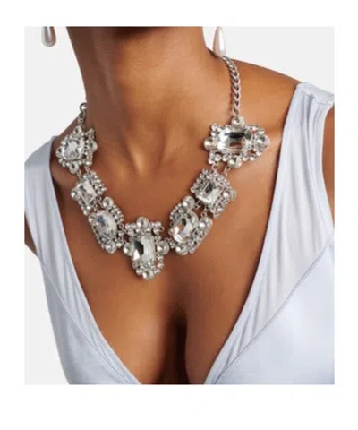 Self-portrait Silver Crystal Cluster Necklace In Metallic