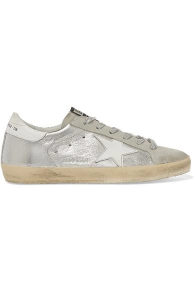 Shop Golden Goose Superstar Distressed Metallic Leather And Suede Sneakers In Silver