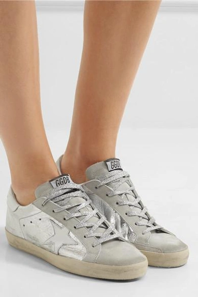Shop Golden Goose Superstar Distressed Metallic Leather And Suede Sneakers In Silver