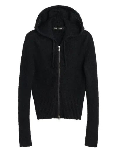 Our Legacy Compact Hooded Ribbed Brushed Alpaca-blend Cardigan In Black