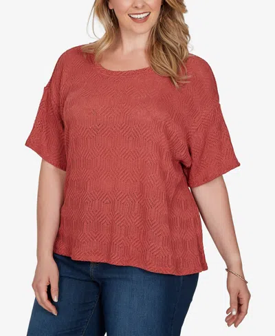 Ruby Rd. Plus Size Crochet Diamond Textured Knit Top In Red