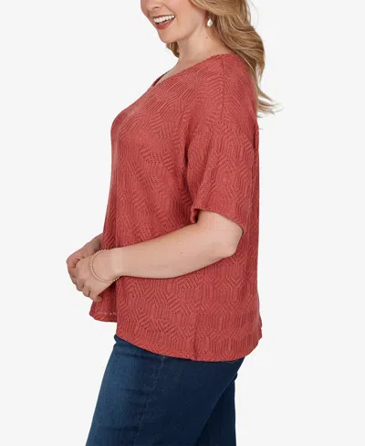 Ruby Rd. Plus Size Crochet Diamond Textured Knit Top In Red
