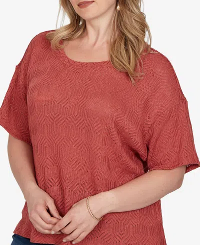 Ruby Rd. Plus Size Crochet Diamond Textured Knit Top In Red