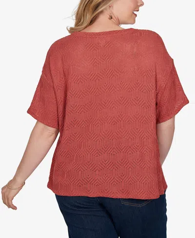 Ruby Rd. Plus Size Crochet Diamond Textured Knit Top In Red
