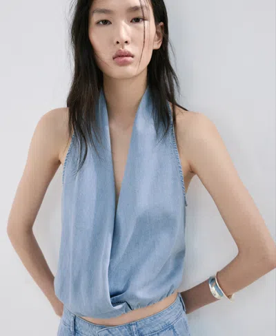 Mango Lyocell Top With Draped Neck In Blue