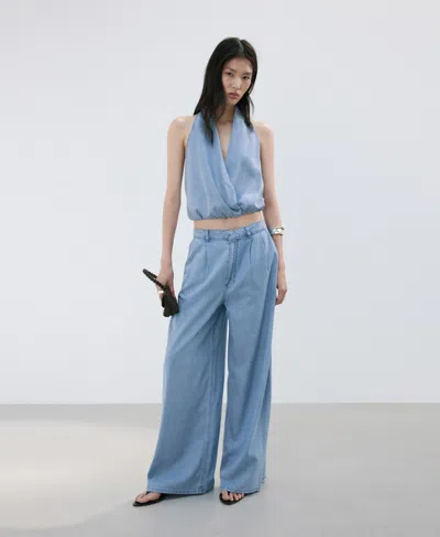 Mango Lyocell Top With Draped Neck In Blue