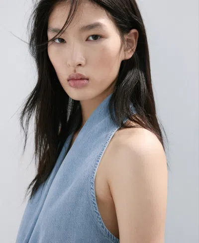 Mango Lyocell Top With Draped Neck In Blue