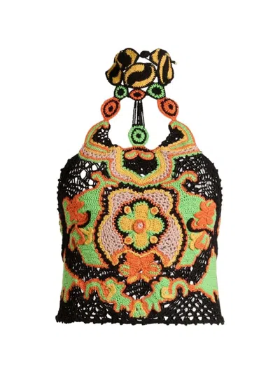 Etro Cotton Crop Top With Crochet-effect Floral Pattern In Multi