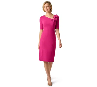 Adrianna Papell Short Sleeve 3d Floral Stretch Crepe Sheath Dress In Bright Magenta In Pink