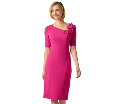 Adrianna Papell Short Sleeve 3d Floral Stretch Crepe Sheath Dress In Bright Magenta In Pink