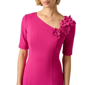 Adrianna Papell Short Sleeve 3d Floral Stretch Crepe Sheath Dress In Bright Magenta In Pink