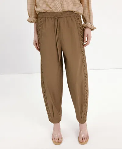Mango Embroidered Side Stripe Cotton Drawstring Pants In Brown