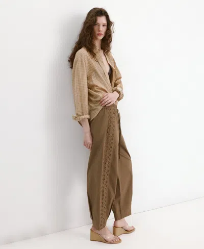 Mango Embroidered Side Stripe Cotton Drawstring Pants In Brown